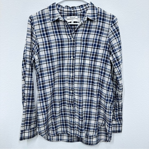 Madewell Slim Ex-Boyfriend Blue Cream Plaid Button Down Shirt Size M Casual - Picture 1 of 5